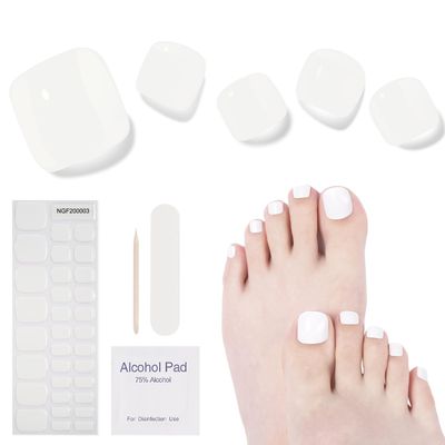 DUKASOU Semi Cured Gel Pedicure Strips, 32 Solid Color Gel Toenail Stickers Full Nail Wraps for Women Girls Kids, Includes Prep Pads, Nail File &amp; Wood Stick (Snow White)