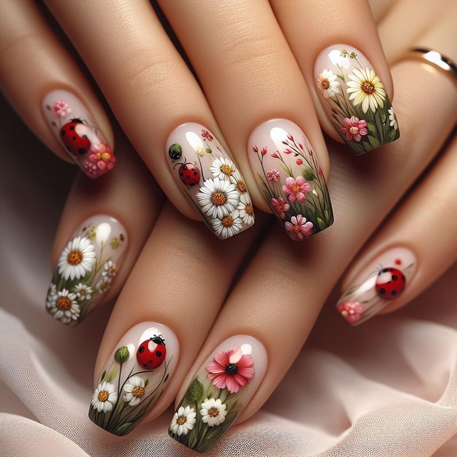 Flower Press on Nails Short Coffin Daisy Fake Nails Full Cover with Flower Sea Ladybug Designs Cute Glue on Nails Acrylic Gel Press on Nails Kits Reusable Stick on Nails for Women 24PCS
