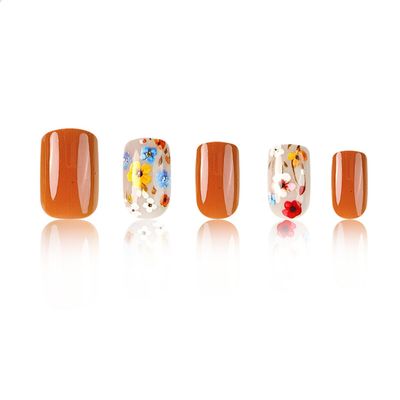 Flower Press on Nails Short Square Spring Nails Press ons Medium Orange Fake Nails with Floral Design Glue on Nails Glossy Floral False Nails Full Cover Acrylic Stick on Nails for Women Girls 24Pcs