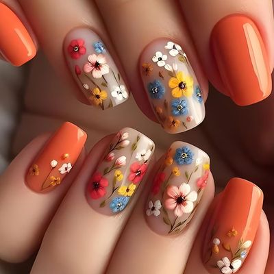 Flower Press On Nails Spring Fake Nails Press Ons Short Square Acrylic False Nails With Colorful Floral Design Glossy Glue On Nails Full Cover Stick On Nails For Women Nails Decorations