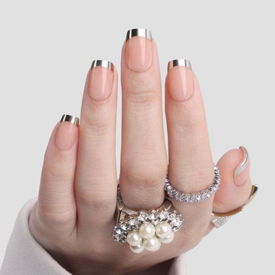 Polychrome&amp;air Press On Nails- Trailblazer | Short Squoval Nude Silver French Tips Press On Nails | 15 Sizes Opaque False Nails | Reusable Fake Nails with Glue On Nails Kit | Salon Quality UV Cover