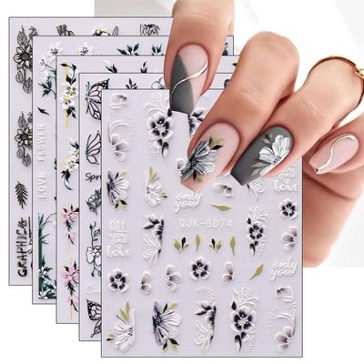 JMEOWIO 6 Sheets 3D Embossed Spring Flower Nail Art Stickers Decals Self-Adhesive Pegatinas Uas 5D Colorful Summer Floral Leaf Nail Supplies Nail Art Design Decoration Accessories