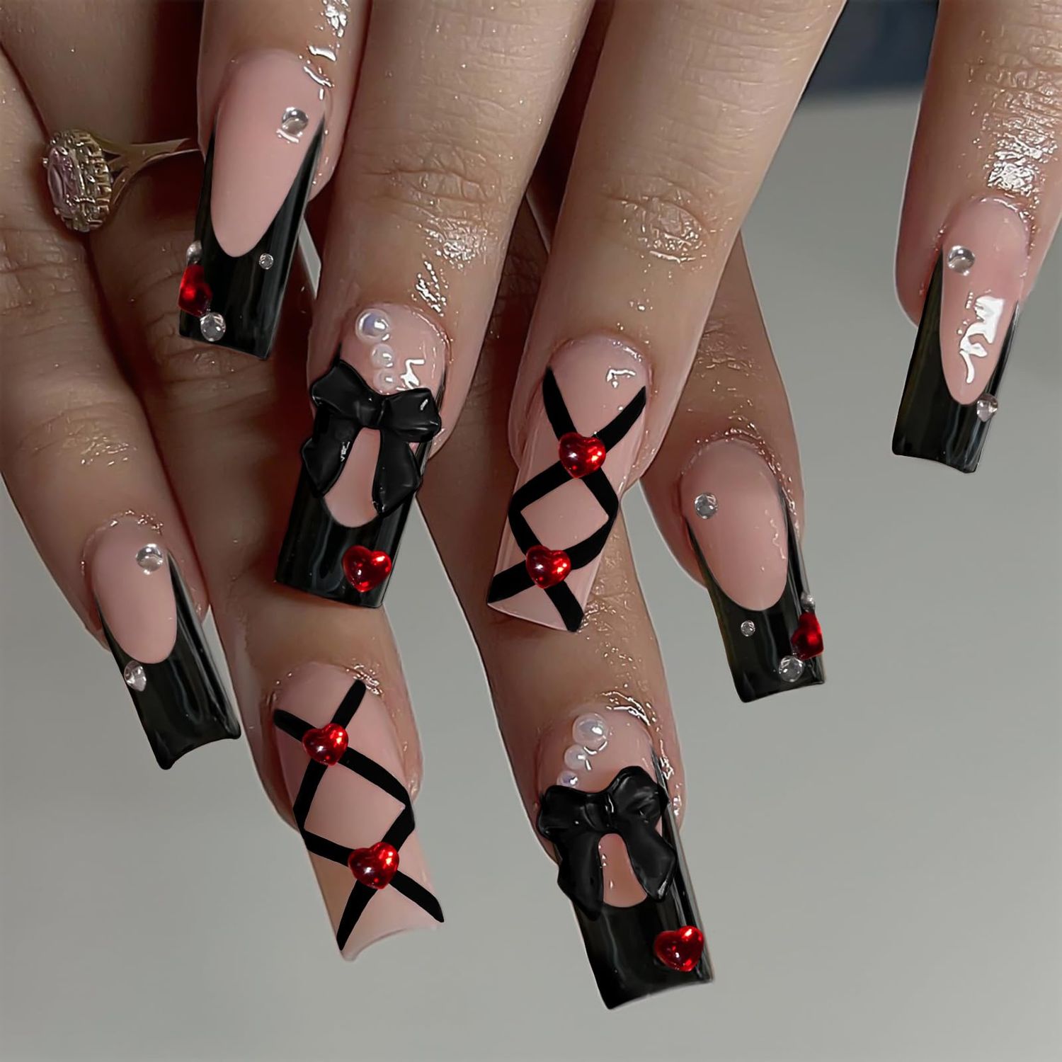HOSAILY Black French Tips Press on Nails Medium Long Square, 3D Bling Glossy Cute Bow Red Heart Rhinestone Design Pink Nude Handmade Fake Nail, Salon Manicure Full Cover Stick on Nails