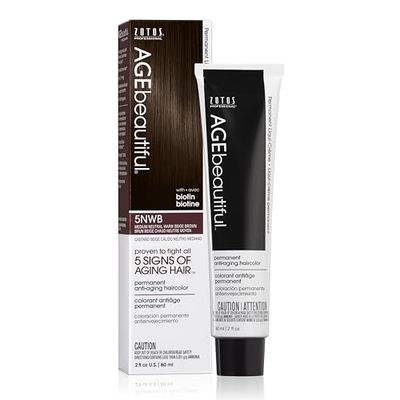 AGE beautiful Permanent Hair Color Dye Liqui Creme | 100 Gray Coverage | Anti-Aging Haircolor | Biotin for Thicker, Fuller Hair | Professional Salon Coloring | 5NWB Medium Neutral Warm Beige Brown