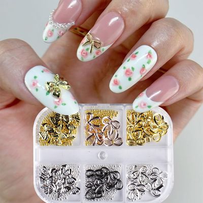 Bow Charms for Nails 3D Metal Alloy Bows Nail Art Charms Gold Silver Bowknot Nail Art Supplies, Cute Nail Charms and Gems Bowknot for Women DIY Nail Art Accessories 1 Box