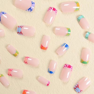 MISUD Summer Press on Nails Short Square Fake Nails Colorful French Tip Acrylic Nails Glossy Glue on Nails Squoval Artificial Nails Rainbow Crocodile Print Stick on False Nails with Design DIY 24 pcs
