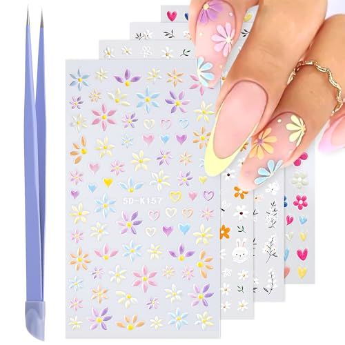 HAIIDOAK Nail Stickers, 5D Flower Charms Self-Adhesive Nail Art Decals, 4 Sheets with Tweezer, Floral Nail Decorations for Women Girls, DIY Manicure
