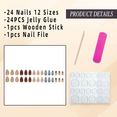 Jremg Press on Nails Medium Almond Fake Nails with Designs Brown Leopard French Tip Glue on Nails 3D Gold Star Charms Full Cover False Nails Blue White Gradient Stick on Nails for Women Girls 24Pcs