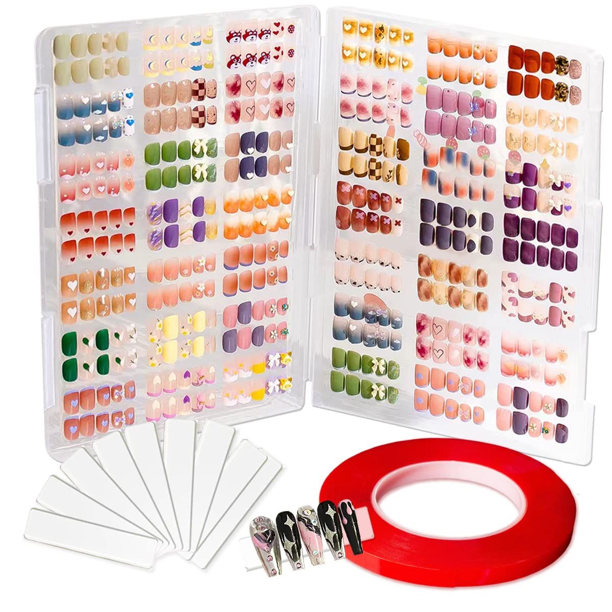 Large Clear Press on Nails Storage Box, Empty Press on Nails Packaging Box Set with Double-sided Adhesive Tape and 50 Arcylic Nail Display Stand Can Be Used to Store and Store Personal Items