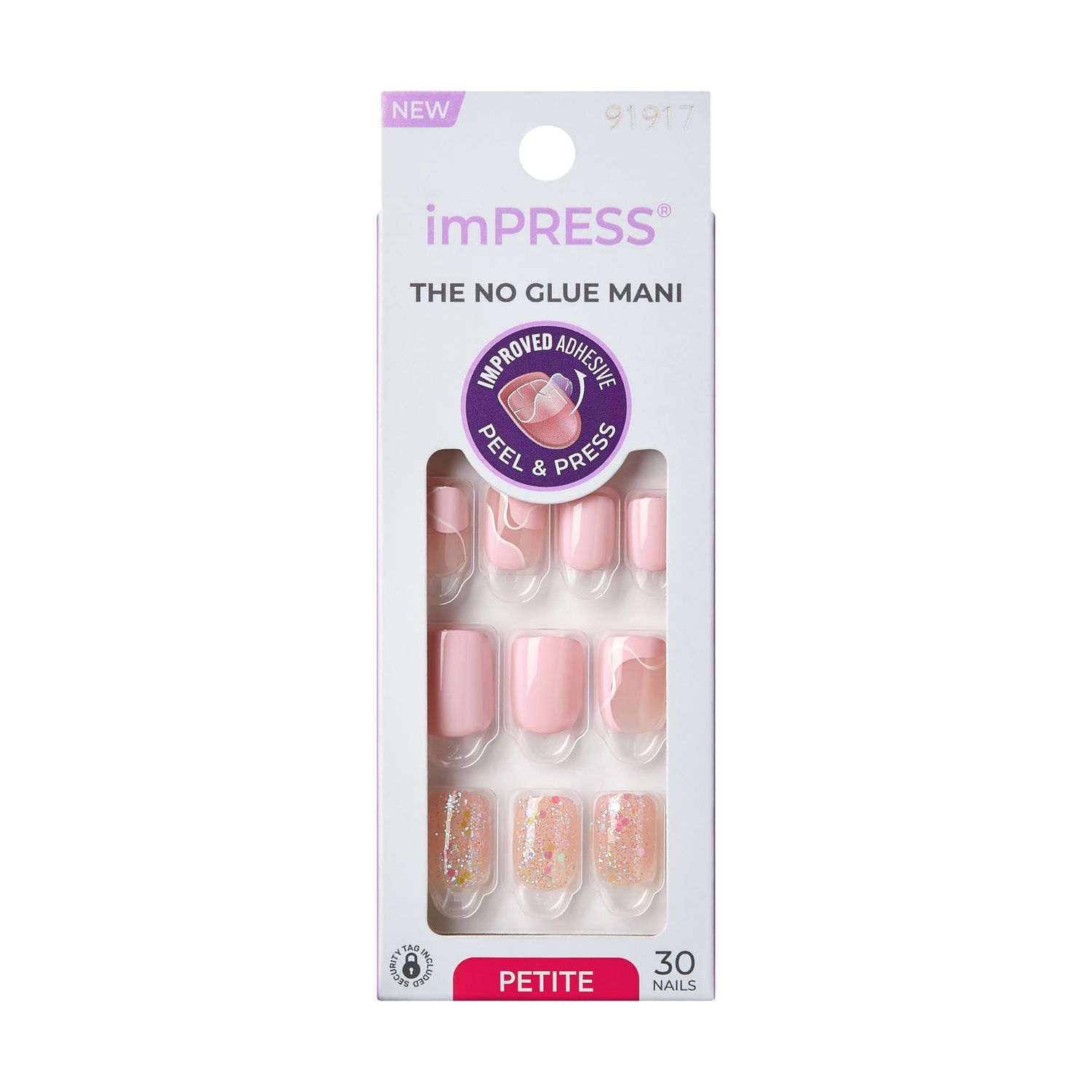 KISS imPRESS No Glue Mani Press-On Nails, Design, This Feeling, Light Pink, Petite Size, Squoval Shape, Includes 30 Nails, Prep Pad, Instructions Sheet, 1 Manicure Stick, 1 Mini File