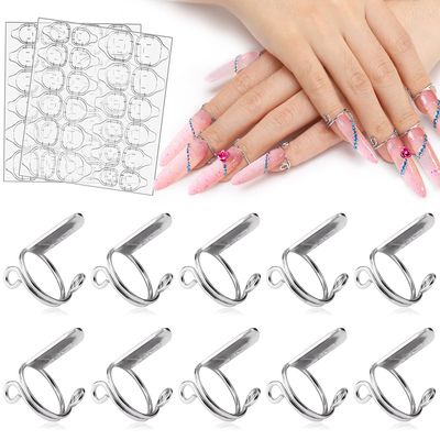 Noverlife 10PCS Upgrade Wudu Nail Rings with 48PCS Adhesive Nail Tabs, No Glue Adjustable Wudu Fingernail Rings for Acrylic Nail, Non-Tarnish Metal Nails Rings for Women Nail Art Decoration - Silver