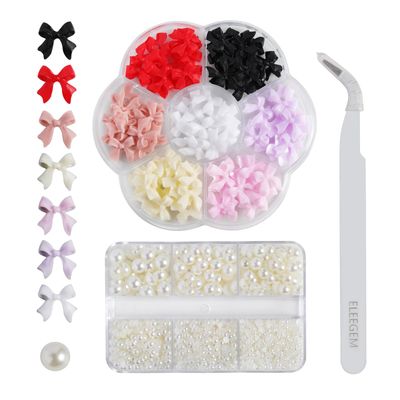 ELEEGEM 3D Bow Nail Charms Colorful Butterfly Bow Resin Rhinestones,with Flat Back Half Pearl Nail Art Accessories for Nail DIY Decoration