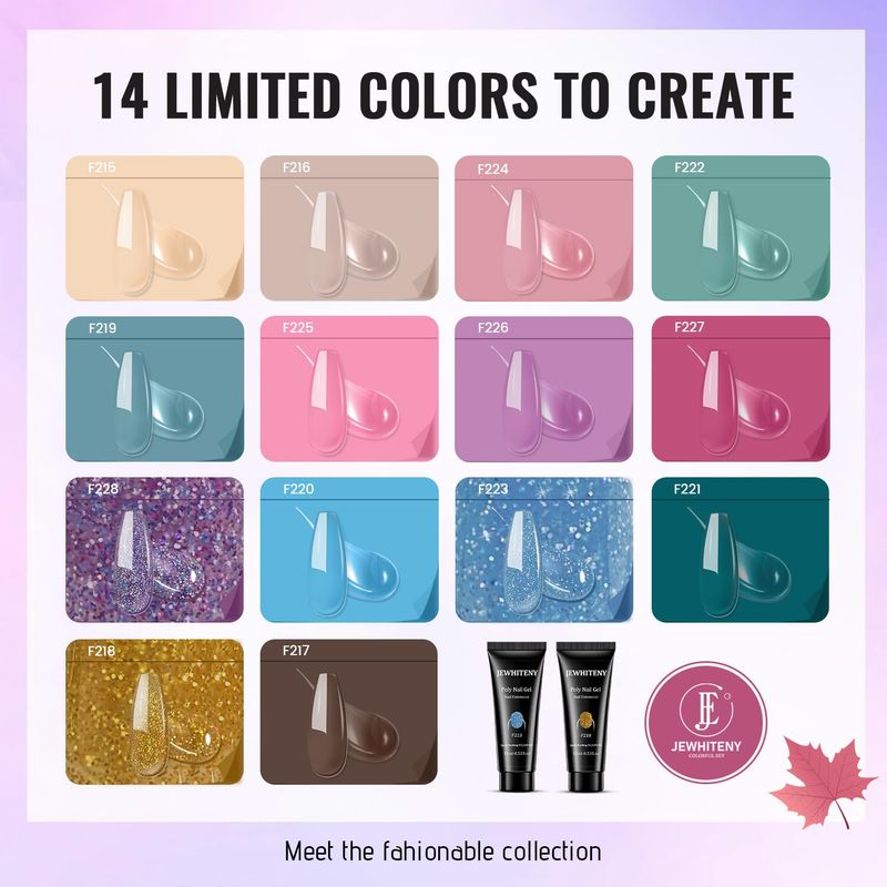 JEWHITENY Poly Gel Nail Kit 14 Colors - Yellow Nude Pink Blue Purple Glitter Tones Starter Kit with UV Lamp Base &amp; Top Coat All-in-One Gift for Women Need U V Light Curing