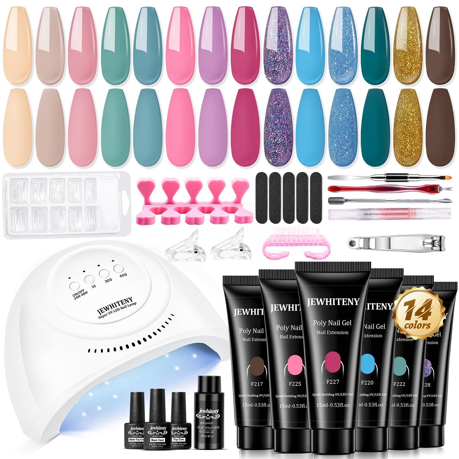 JEWHITENY Poly Gel Nail Kit 14 Colors - Yellow Nude Pink Blue Purple Glitter Tones Starter Kit with UV Lamp Base &amp; Top Coat All-in-One Gift for Women Need U V Light Curing