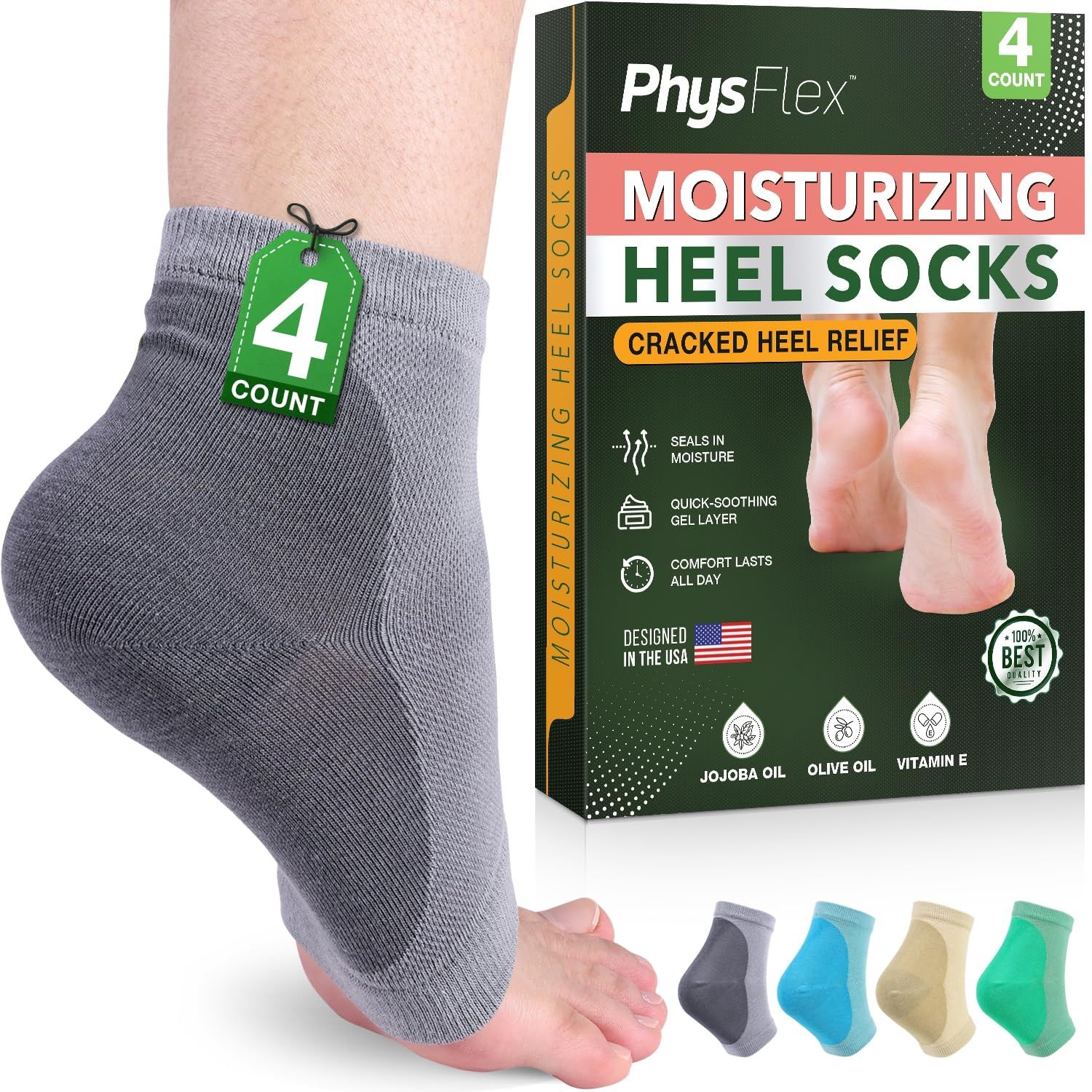 4-Pack Moisturizing Heel Socks for Cracked Heels - Gel Socks for Dry Cracked Feet Repair - Silicone Socks for Women and Men Foot Treatment &amp; Overnight Hydration (Gray)