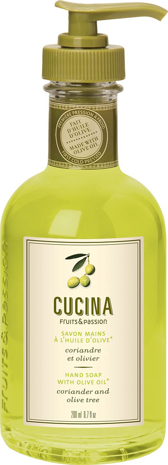 Fruits &amp; Passion Cucina Coriander &amp; Olive Tree Hand Soap (6.76 fl oz) - Luxury Scented Kitchen Liquid Hand Soap, Vegan, Natural Moisturizing Hand Wash in Premium Glass Hand Soap Dispenser