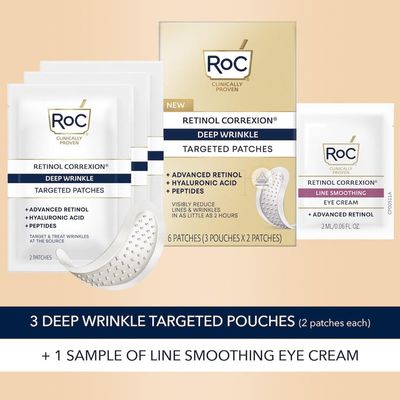 RoC Retinol Correxion Deep Wrinkle Non-Invasive Targeted Patches with Hyaluronic Acid Firming Peptides for Forehead, 11 Lines, Crows Feet and Laugh Lines, (6 Patches) with Retinol Eye Packette