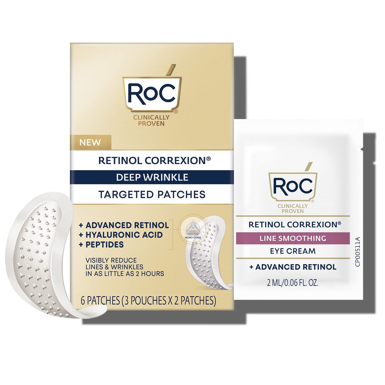 RoC Retinol Correxion Deep Wrinkle Non-Invasive Targeted Patches with Hyaluronic Acid Firming Peptides for Forehead, 11 Lines, Crows Feet and Laugh Lines, (6 Patches) with Retinol Eye Packette