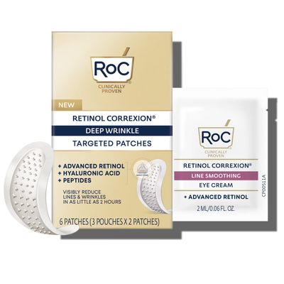 RoC Retinol Correxion Deep Wrinkle Non-Invasive Targeted Patches with Hyaluronic Acid Firming Peptides for Forehead, 11 Lines, Crows Feet and Laugh Lines, (6 Patches) with Retinol Eye Packette