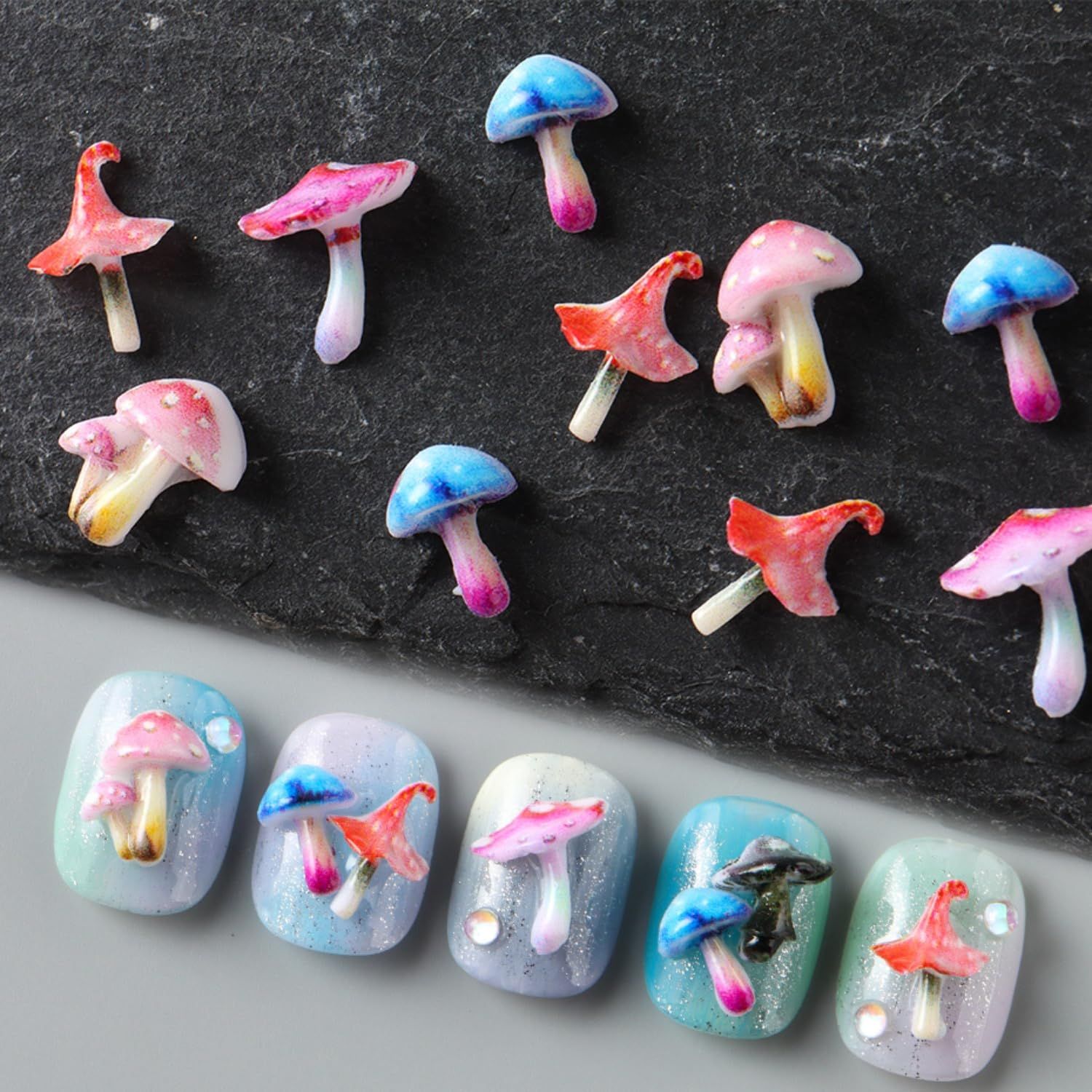 50pcs Cute Mushroom Nails Charms 3D Resin Nail Art Supplies for Acrylic Nails Colorful Mushroom Nail Gems and Charms Kawaii Nail Charms for Women Summer DIY Nail Art Decoration