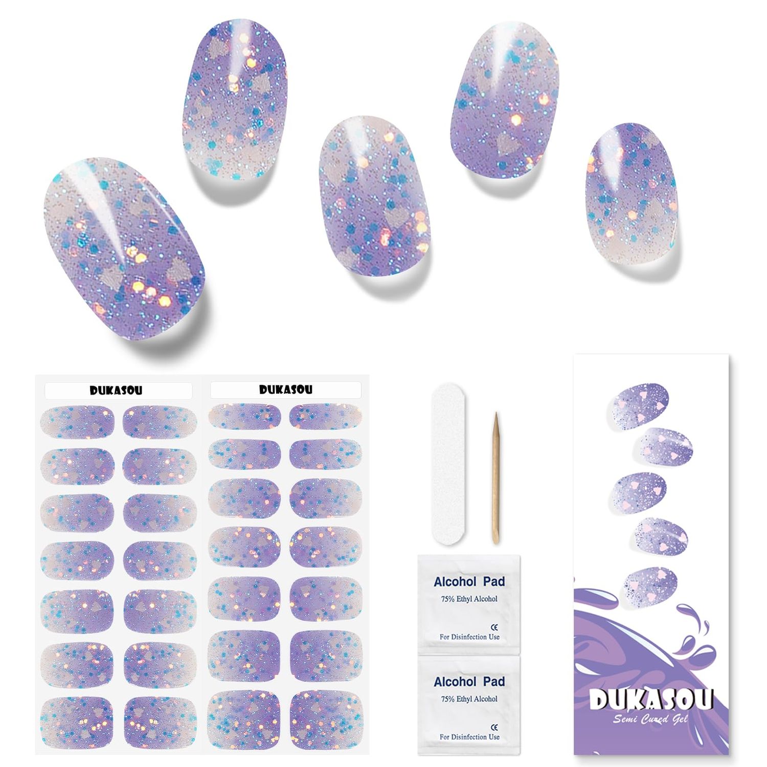 DUKASOU Semi Cured Gel Nail Strips, 28pcs Gradient Love Gel Nail Strips Work with Any UV Light, Gel Nail Stickers Full Nail Wraps for Women Girls Kids DIY Gift, Include Prep Pads, Nail File&amp;Wood Stick
