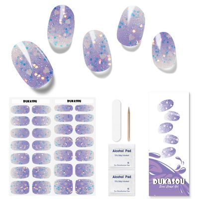 DUKASOU Semi Cured Gel Nail Strips, 28pcs Gradient Love Gel Nail Strips Work with Any UV Light, Gel Nail Stickers Full Nail Wraps for Women Girls Kids DIY Gift, Include Prep Pads, Nail File&amp;Wood Stick