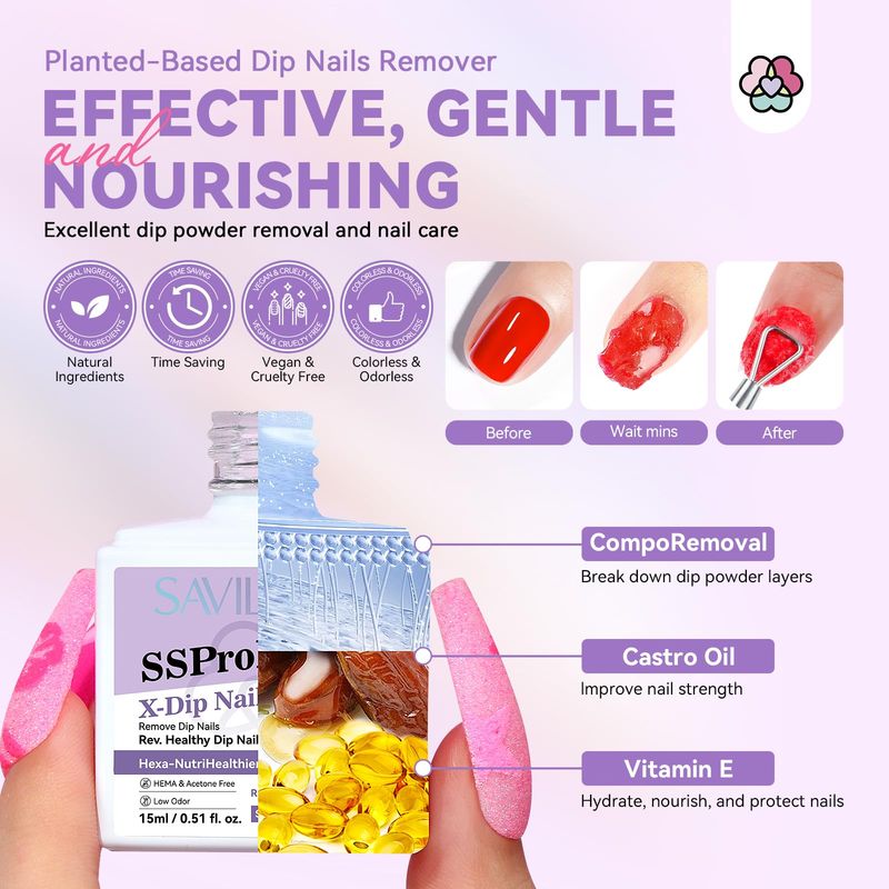 SAVILAND Dip Powder Remover 2 Pcs: Professional Dip Nail Remover Kit Gentle &amp; Safe Remove Dip Nails With Cuticle Oil Nail File Tools No Need Soaking Or Wrapping 0.5 Floz Home Use