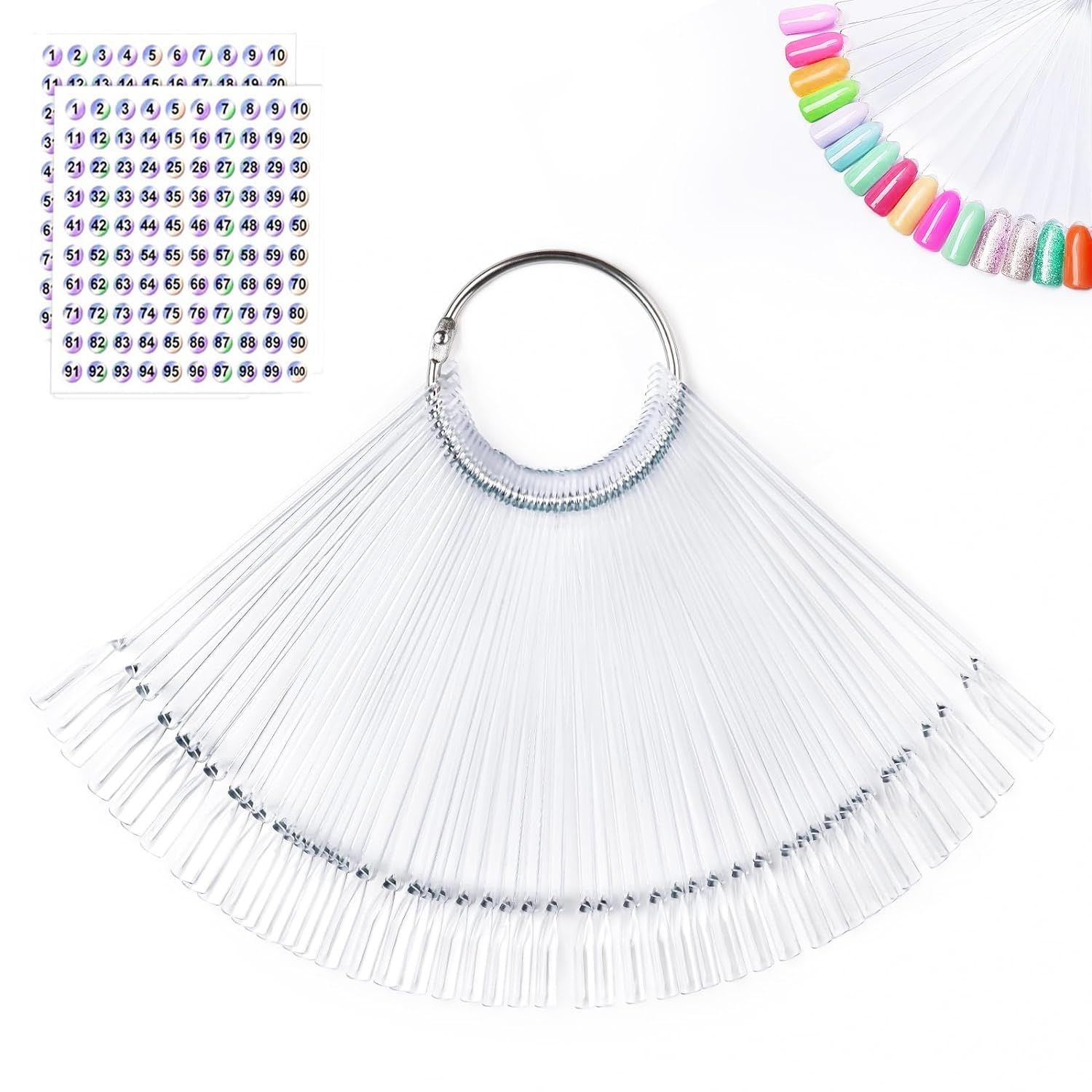 Nail Color Swatches Sticks with Ring, 50Pcs Clear Fan Shape Nail Art Polish Display Tips with Number Stickers False Nail Sample Sticks, Transparent nail Practice-Tips for Manicure