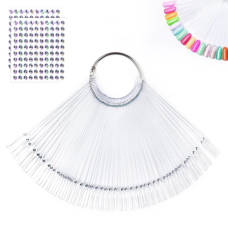 Nail Color Swatches Sticks with Ring, 50Pcs Clear Fan Shape Nail Art Polish Display Tips with Number Stickers False Nail Sample Sticks, Transparent nail Practice-Tips for Manicure