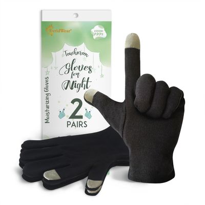 Evridwear 100 Cotton Touchscreen Moisturizing Beauty Gloves with Elastic Cuff, Natural Cosmetic Therapy Gloves for Eczema SPA Dry Hands Care Overnight (Black, Medium) 2 Pairs