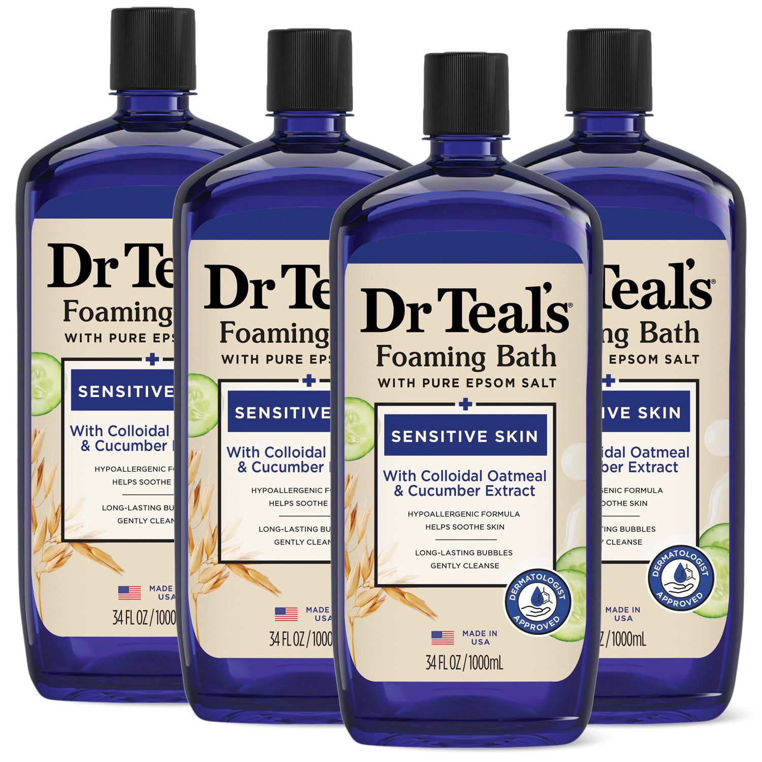 Dr Teals Foaming Bath with Pure Epsom Salt, Sensitive Skin with Colloidal Oatmeal &amp; Cucumber, 34 fl oz (Pack of 4)