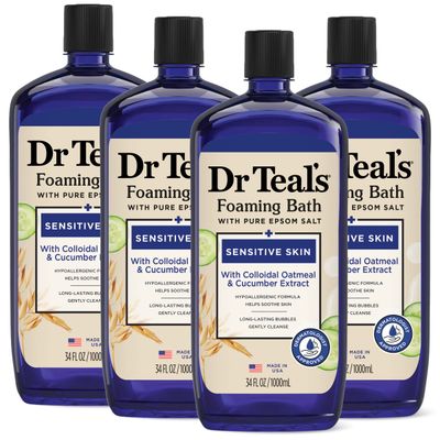 Dr Teals Foaming Bath with Pure Epsom Salt, Sensitive Skin with Colloidal Oatmeal &amp; Cucumber, 34 fl oz (Pack of 4)