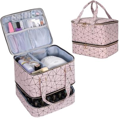 Uross Nail Polish Organizer Bag Holds 42 Bottles Nail Polish &amp; Nail Lamp, Gel Nail Polish Organizers and Storage box for Nail Tech, Nail Kit Supplies Organizer Case - Lightpink