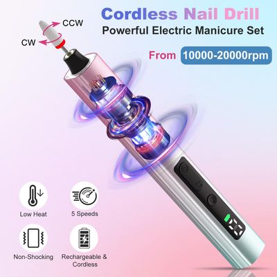 Cordless Electric Nail Drill with UV Light Lamp, 14 in 1 Electric Nail File Drill, 5 Speed LCD Display Rechargeable Professional Manicure Pedicure Kit, for Women Hand Foot Care Nails Grinder