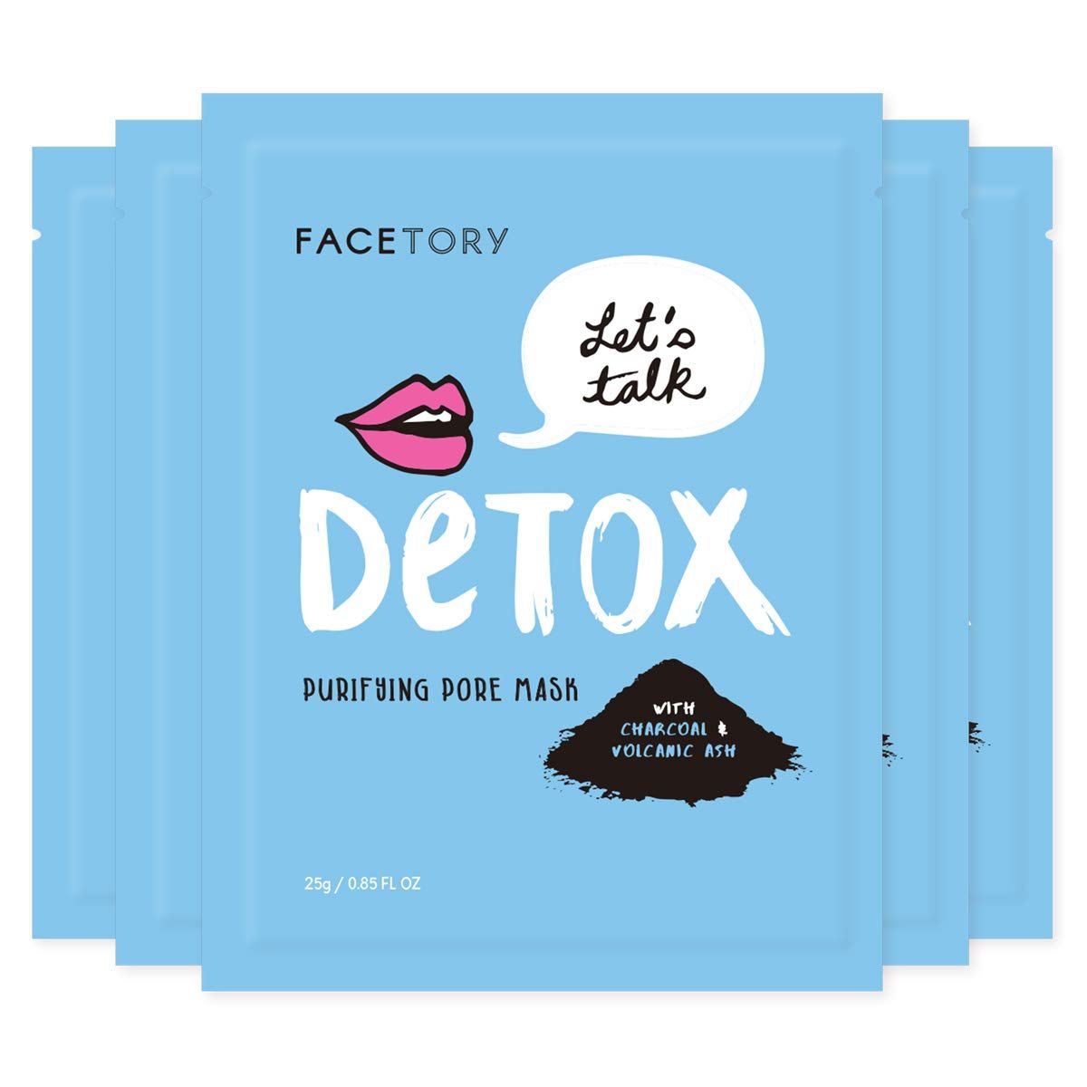 FACETORY K Beauty Face Mask Skin Care - LETS TALK DETOX PURIFYING Sheet Mask with Charcoal &amp; Volcanic Ash | Pore Refining Charcoal Face Mask (5 Pack)
