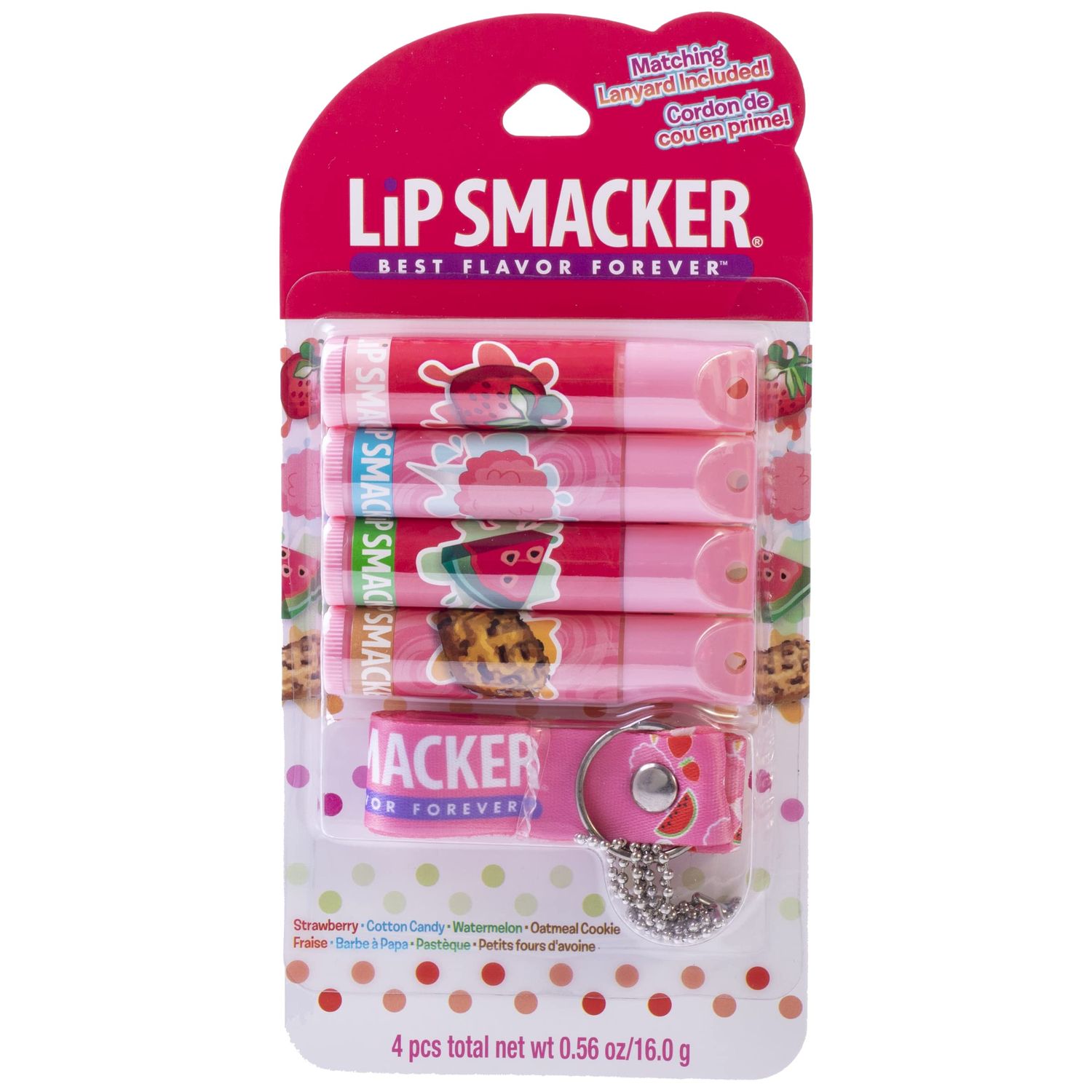 Lip Smacker Flavored Lip Balm &amp; Pink Lanyard Set | Strawberry, Cotton Candy, Watermelon, Oatmeal Cookie Flavors | For Kids | Stocking Stuffer | Christmas Gift | Set of 4