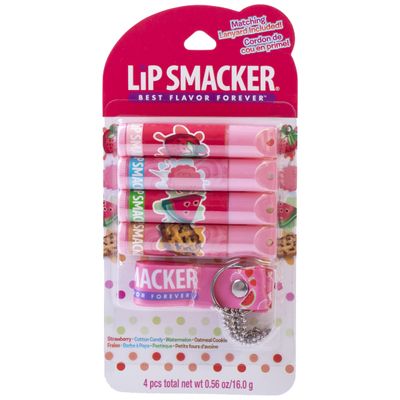 Lip Smacker Flavored Lip Balm &amp; Pink Lanyard Set | Strawberry, Cotton Candy, Watermelon, Oatmeal Cookie Flavors | For Kids | Stocking Stuffer | Christmas Gift | Set of 4