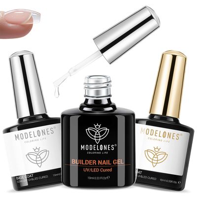 modelones 3 Pcs Builder Nail Gel with Gel Base and Top Coat, No Wipe - Shine Finish and Long Lasting, Clear Builder Nail Kit for Thickening Apex Building Extension, LED Lamp Cured 10ml Home DIY Salon