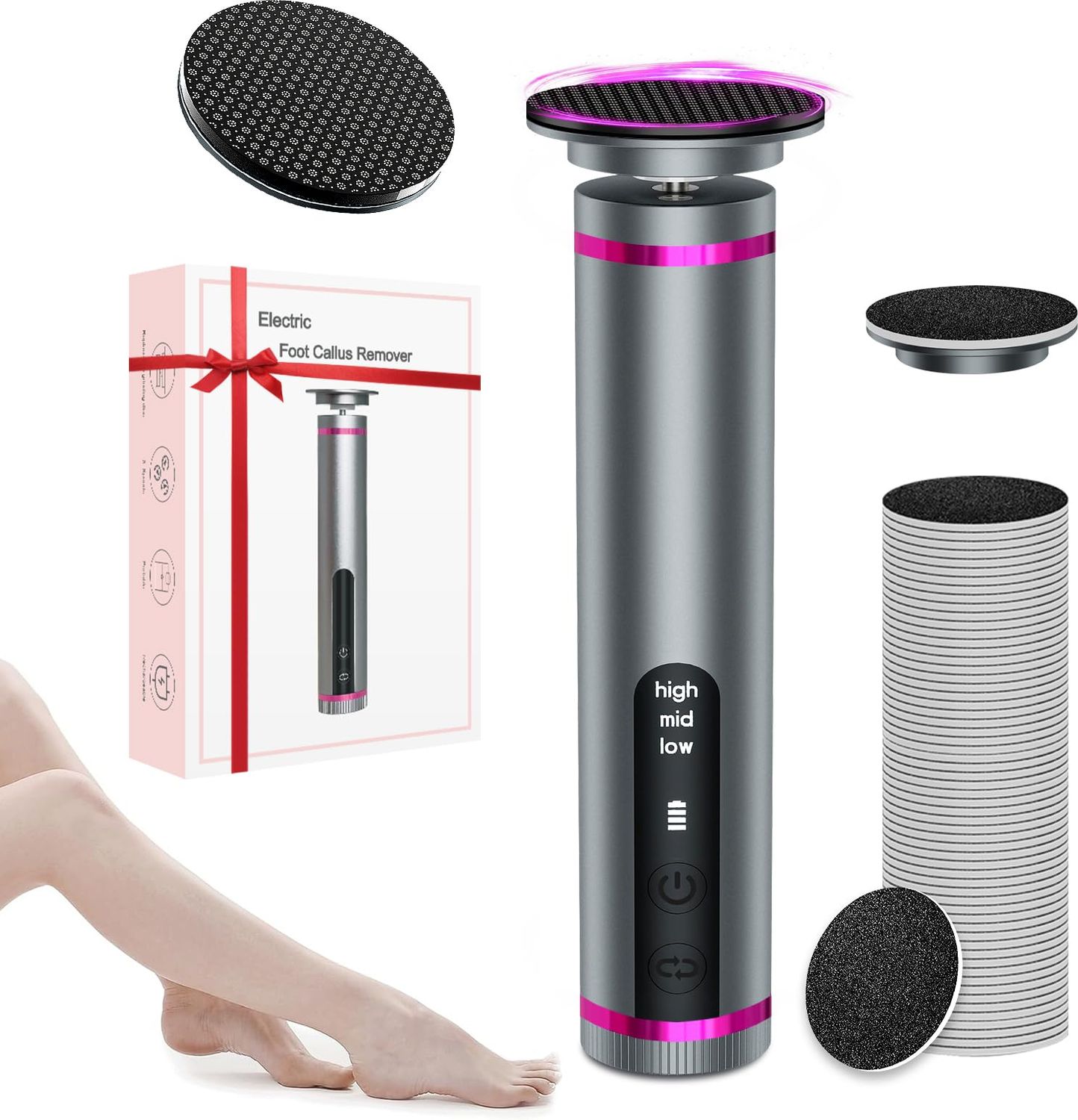 Electric Foot Callus Remover with Nano-Glass Head, Brushless Electric Foot File with 60 Pcs Sandpaper Discs, Cordless Callus Remover for Feet with 3 Speeds, Pedicure Tools for Feet