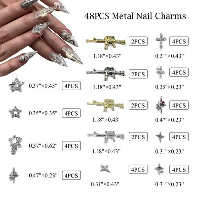 48PCS Metal Alloy Nail Charms Kit with 14 Styles, Including Gold and Silver Gun, Cross, Star, Gems 3D Silver Y2K and Planet Charms
