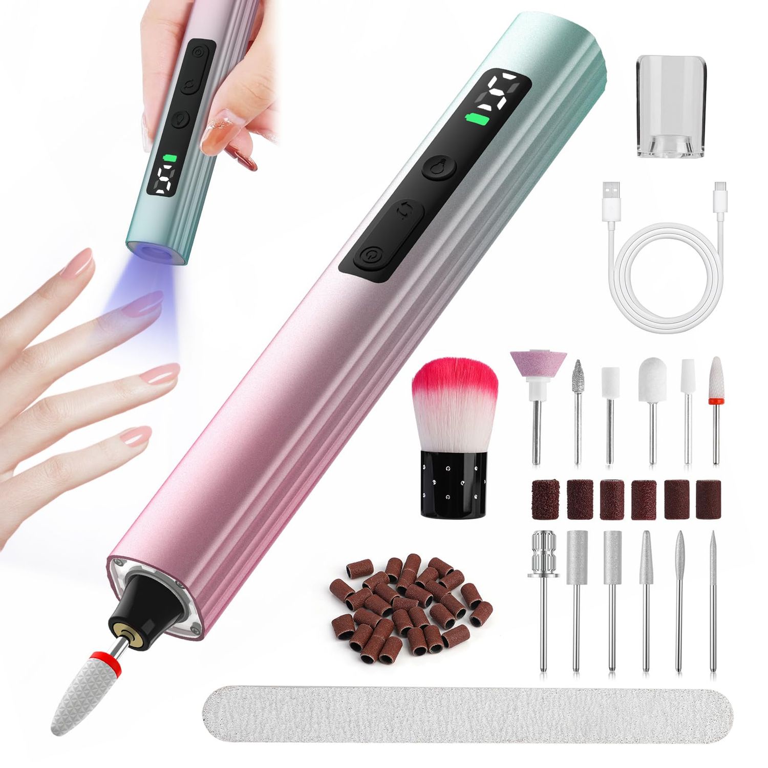 Cordless Electric Nail Drill with UV Light Lamp, 14 in 1 Electric Nail File Drill, 5 Speed LCD Display Rechargeable Professional Manicure Pedicure Kit, for Women Hand Foot Care Nails Grinder