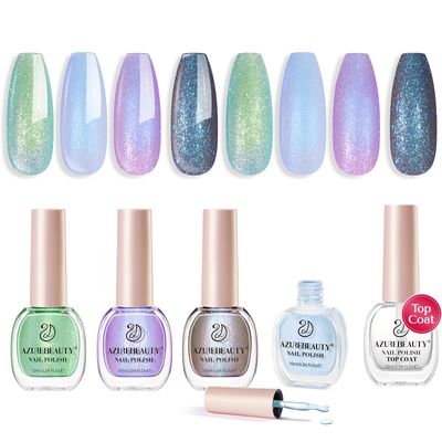 AZUREBEAUTY Nail Polish Set, 4 Colors Chameleon Green Glitter Purple Blue Holographic Spring Quick Dry Natural Fingernail Lacquer Strengthening Aurora Shimmer Kit with Top Coat DIY Salon at Home