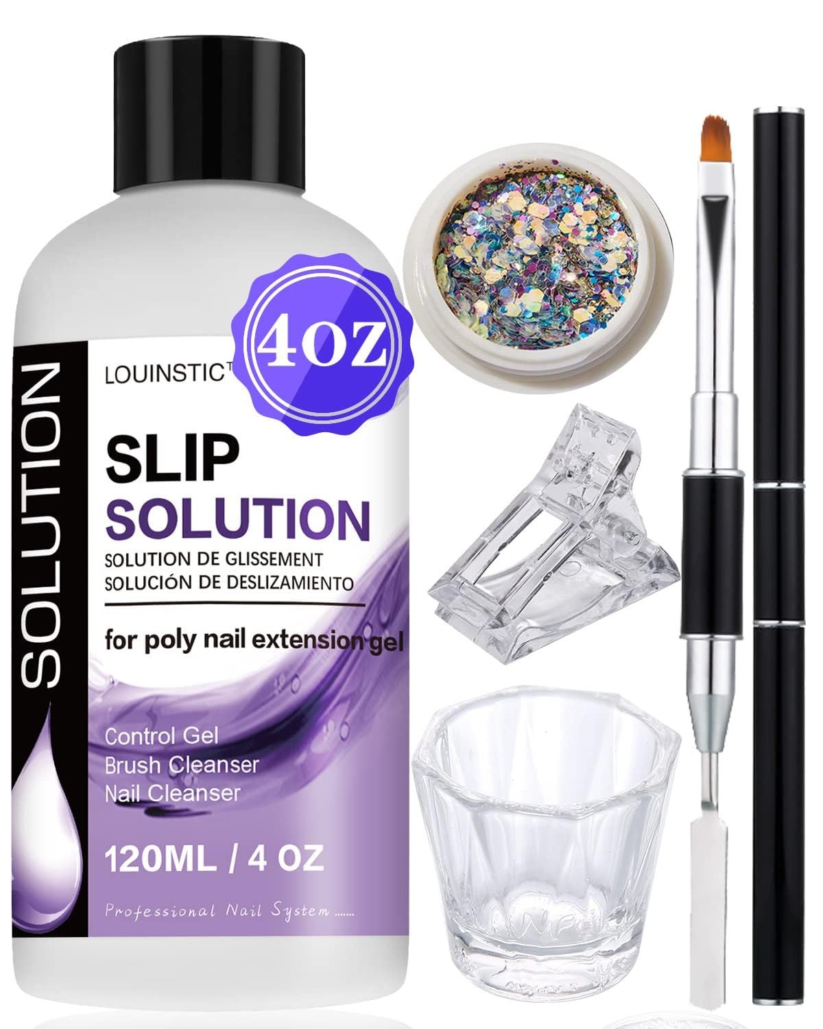 LOUINSTIC Poly Gel Slip Solution,120ml 3 in 1 Anti-Stick Solutions,Nail Brush Cleanser,Nail Extension Liquid,Slip Solution for Poly Gel Kit