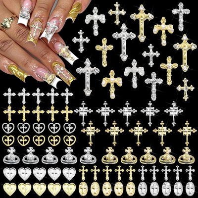BELICEY 3D Cross Nail Charms 86Pcs Cross Heart Planet Charms for Nails Gold Silver Nail Cross Alloy Cross Charms and Gems Y2k Nail Jewelry Crystal Rhinestones for DIY Nail Art Design Crafts