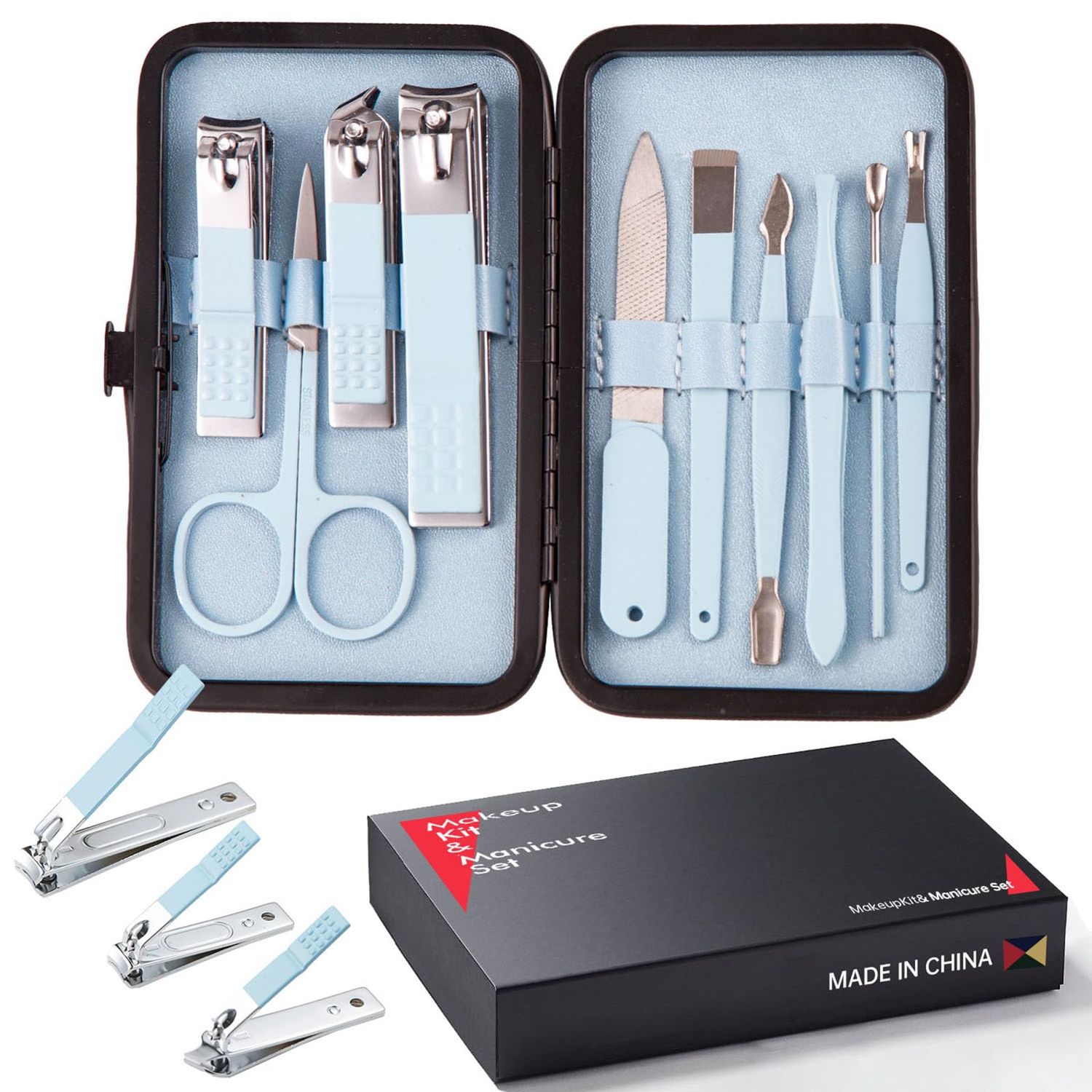10 Piece Nail Kit, Manicure Kit, Nail Care Kit For Women, Manicure Pedicure Set, Nail Clippers Toenail Clippers Kit, Professional Manicure Kit Pedicure Kit, with Luxurious Travel Case - Light Blue