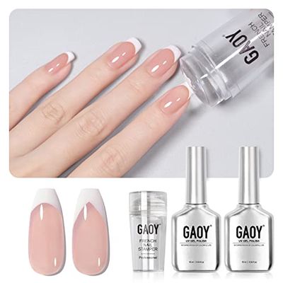 GAOY French Manicure Kit, Nail Stamper and 2Pcs Gel Nail Polish, Include Nude Jelly Pink White Colors for French Tip, UV Light Cure