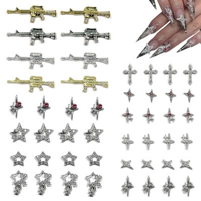 48PCS Metal Alloy Nail Charms Kit with 14 Styles, Including Gold and Silver Gun, Cross, Star, Gems 3D Silver Y2K and Planet Charms