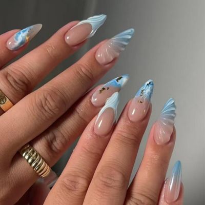 Blue French Tip Press on Nails Medium Almond Fake Nails Mermaid False Nails Press ons with Designs Summer Acrylic Nails Full Cover Glue on Nails Artificial Stick on Nails for Women Manicure 24Pcs