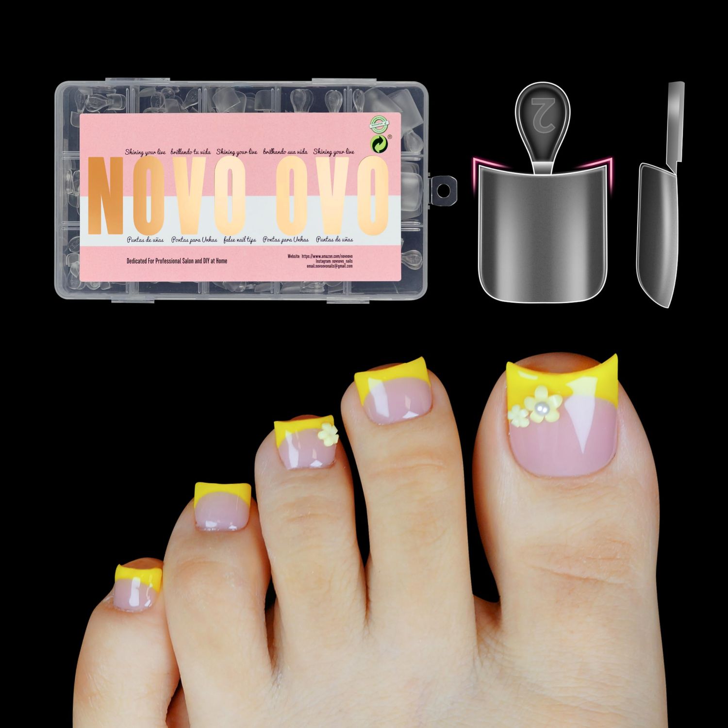 NOVO OVO Sharp Square Thick Toe Nail Tips with Moon Curve, For Medium &amp; Short Nail Beds, Full Cover Press On, Soft Gel False Toenail Extension Kit, Clear Matte Fake Nails Pedicure X 15 Sizes 240 Pcs