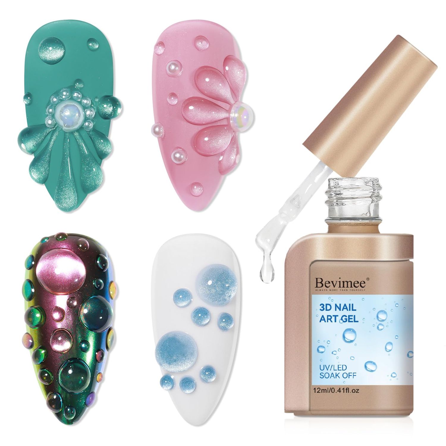 Bevimee 3D Sculpting Gel for Nail Art, 12ML Clear Water Droplet Rain Drop Effect, Design, Carving, Painting, Rhinestone Glue, Soak Off Manicure DIY Home